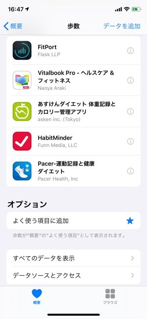 ヘルスケア よく使う項目 歩数
