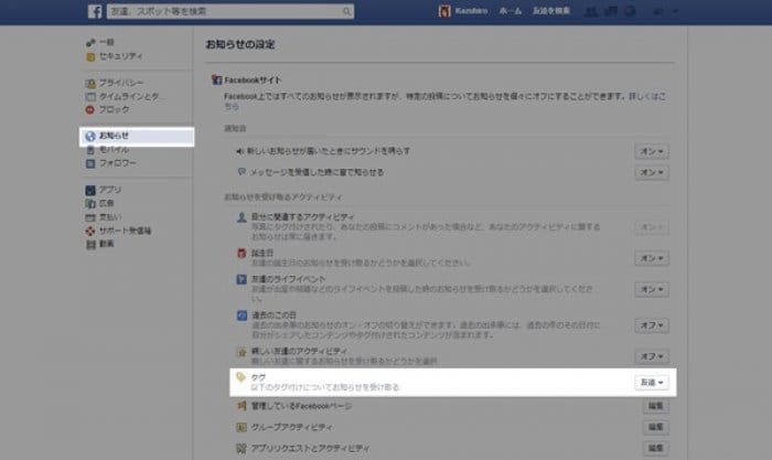 Facebook お知らせをアクティビティ　タグ