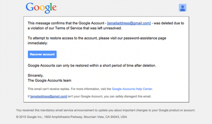 Google Account deleted due to Terms of Service (ToS) violation that was left unresolved Google Account deleted due to Terms of Service (ToS) violation that was left unresolved