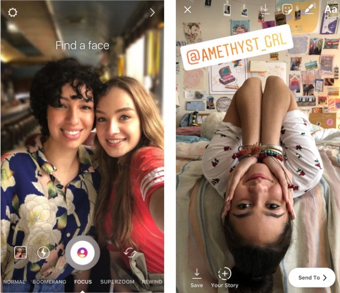 【インスタグラム】ストーリーに背景がぼける「フォーカス」と「メンション」スタンプを追加