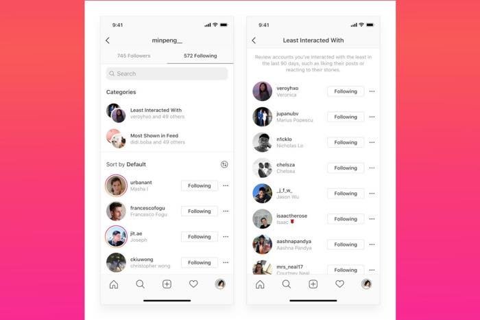 【インスタグラム】”やりとりの最も少ない”アカウントの表示など、「フォロー中」の整理機能が追加