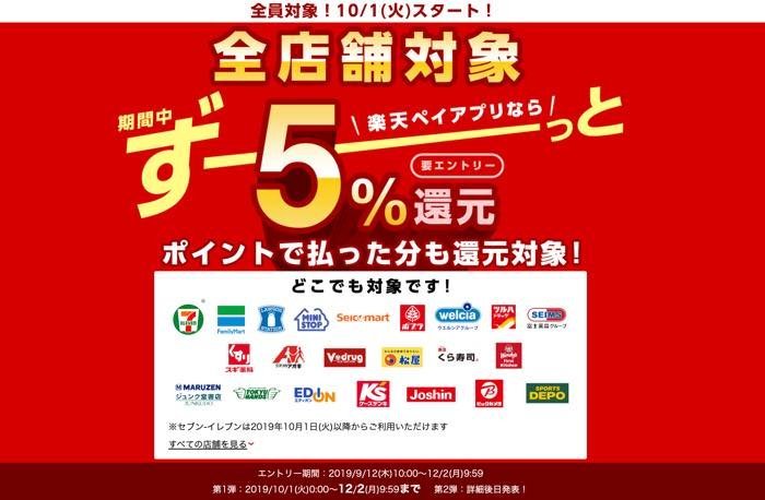 楽天ペイ、どの店舗でも還元率が実質5%に　10月1日から