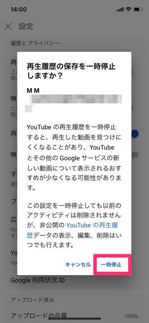 youtube　再生／検索履歴の一時停止