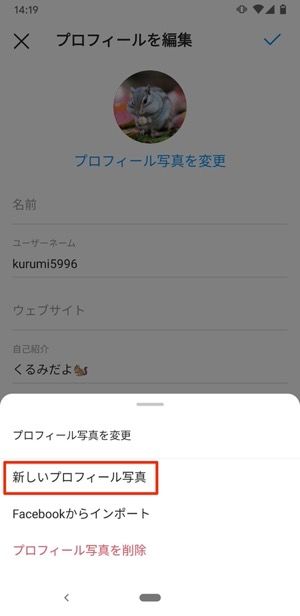 「新しいプロフィール写真」をタップ
