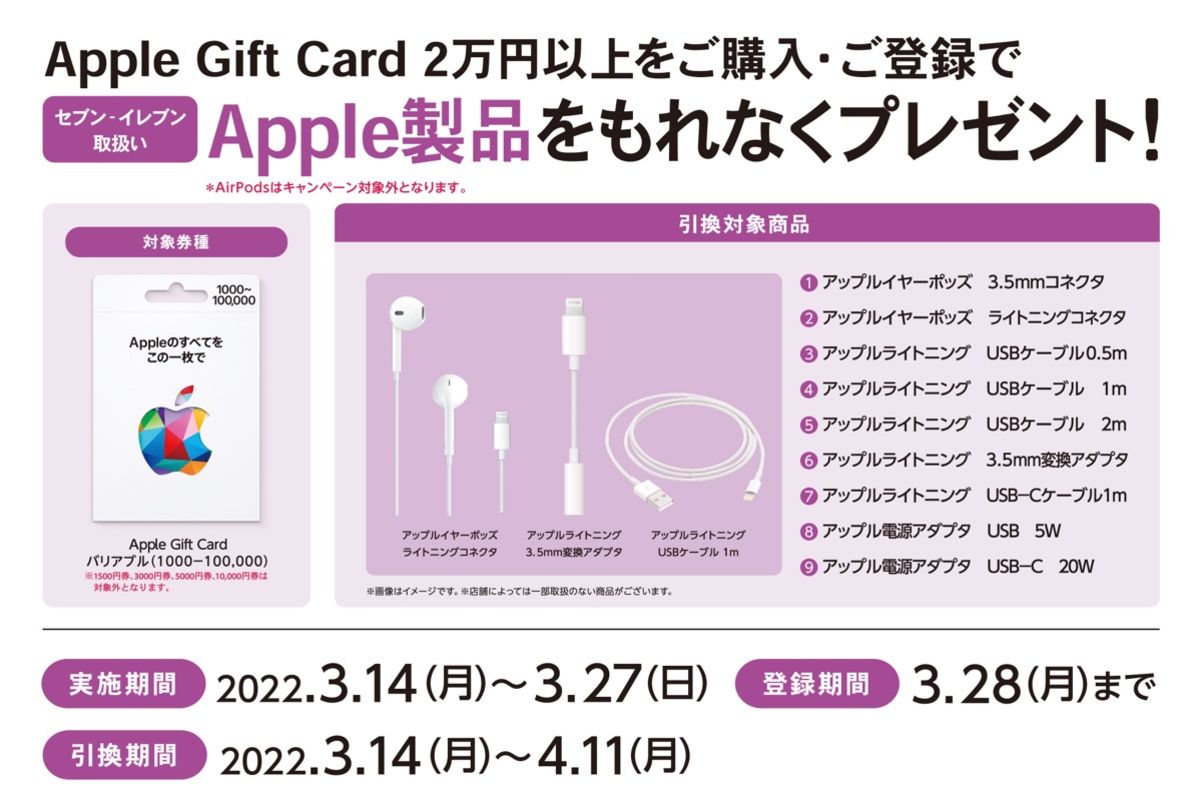 セブン-イレブン、Appleギフトカード2万円以上購入でApple製品