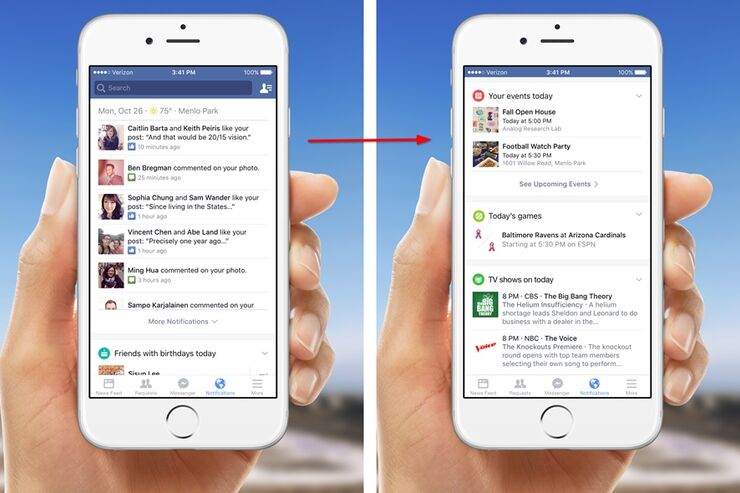 Facebook、「お知らせ」タブに予定やニュースなどGoogle Now風の情報を表示