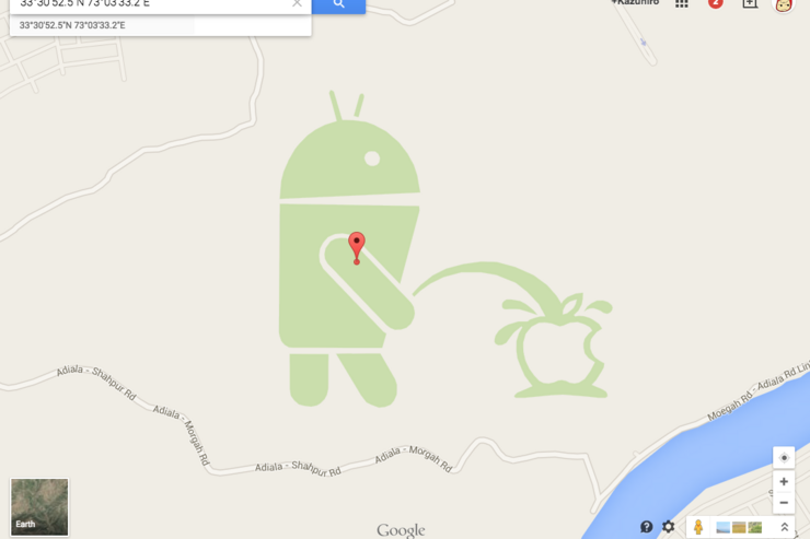 またイタズラか、GoogleマップでAndroidマスコットが放尿　標的はAppleロゴ