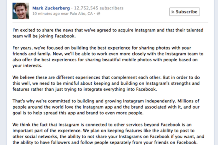 Facebook、Instagramを10億ドルで買収