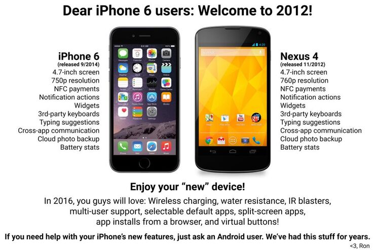 我慢できなかった、iPhone 6とNexus 4を比較した「iPhone 6ユーザーの皆さん：ようこそ2012年へ！」画像が話題です