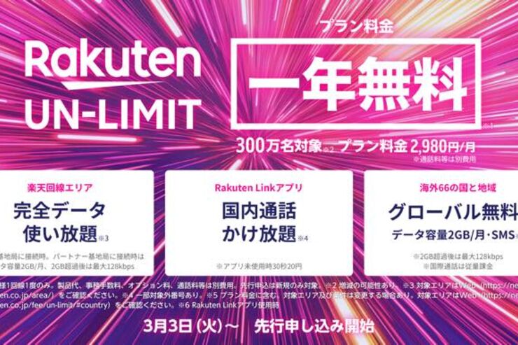 楽天モバイル、月額2980円で通話・データ無制限　300万名が1年無料