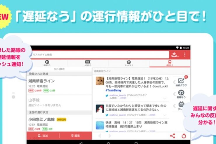 Yahoo!リアルタイム検索、電車の遅延や運休情報を知らせる「遅延なう」機能を追加