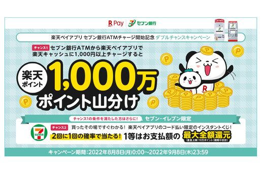 楽天ペイ、1000万ポイント山分けキャンペーンを開催　セブン銀行ATMからのチャージが条件