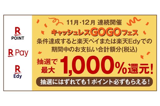 楽天ペイ、最大1000％の楽天ポイントが当たる「キャッシュレスGOGOフェス 第2弾」を開催　11月1日から
