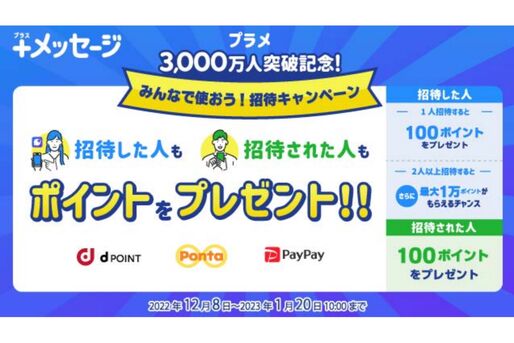 ＋メッセージの利用者が3000万人を突破　招待した人・された人にポイントをプレゼントするキャンペーンも開始