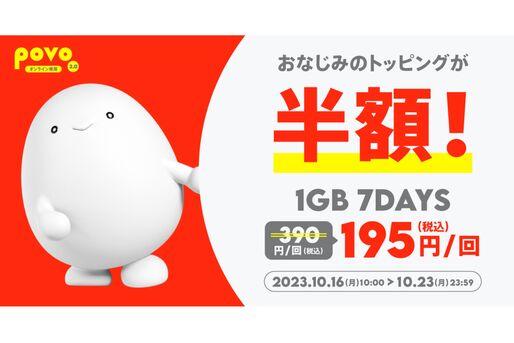 povo2.0、「データ追加1GB（7日間）」の半額セールを開始　10月23日まで