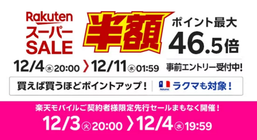 楽天スーパーSALE、12月4日20時よりスタート　開始2時間限定クーポンも配布中