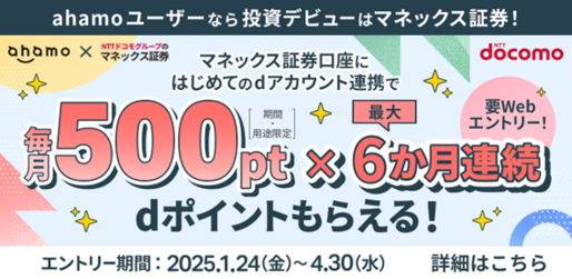 マネックス証券口座とdアカウントの連携で毎月500ポイント還元　ahamoユーザーを対象に