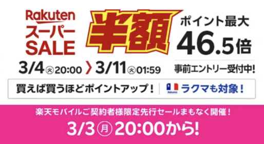楽天スーパーSALE、3月4日20時よりスタート　開始2時間限定クーポンも配布中