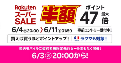 楽天スーパーSALE、6月4日20時よりスタート　開始2時間限定クーポンも配布中