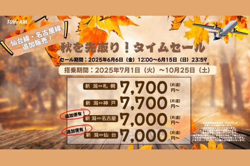 トキエア、全路線が対象の「秋を先取り！タイムセール」を6月15日まで開催　片道7000円から