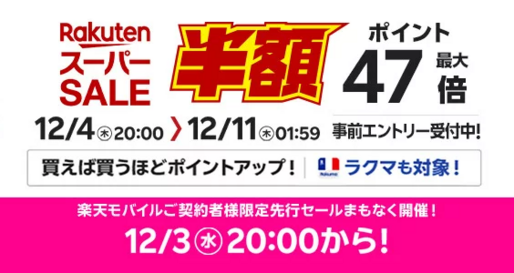 楽天スーパーSALE、12月4日20時よりスタート　開始2時間限定クーポンも配布中