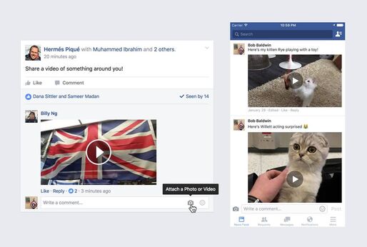 Facebook、コメント欄にも動画の投稿ができるように