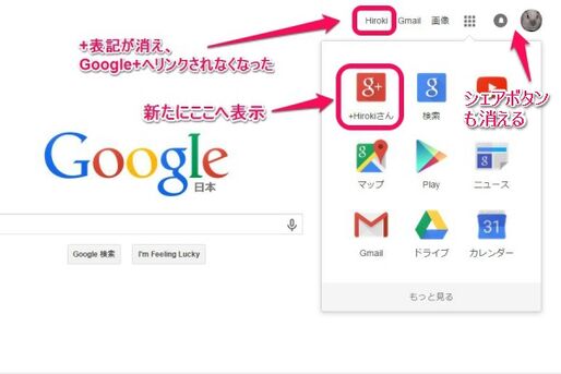 Googleページの「Google+」リンク、目立つ位置から隠され「+」表記もなくなる