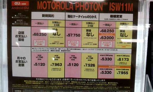 「MOTOROLA PHOTON™ ISW11M」の価格 新規、のりかえ、機種変更