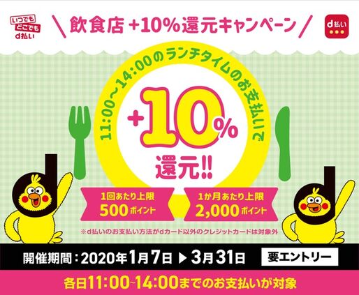 d払い、松屋などの飲食店で10%還元キャンペーン実施　11時から14時のランチタイム限定