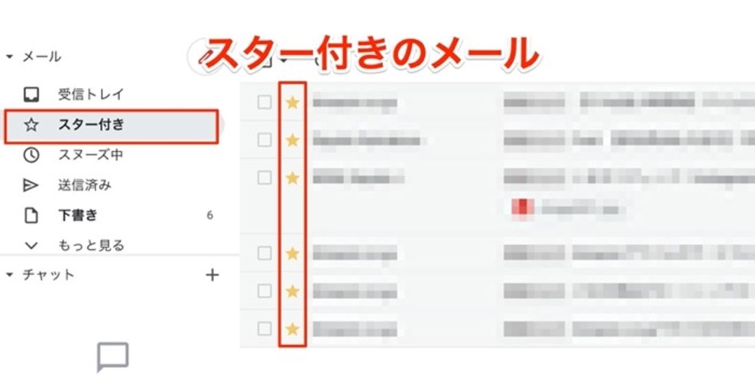 受信トレイの下にある「スター付き」を押すと、スターが付いたメールのみ表示される