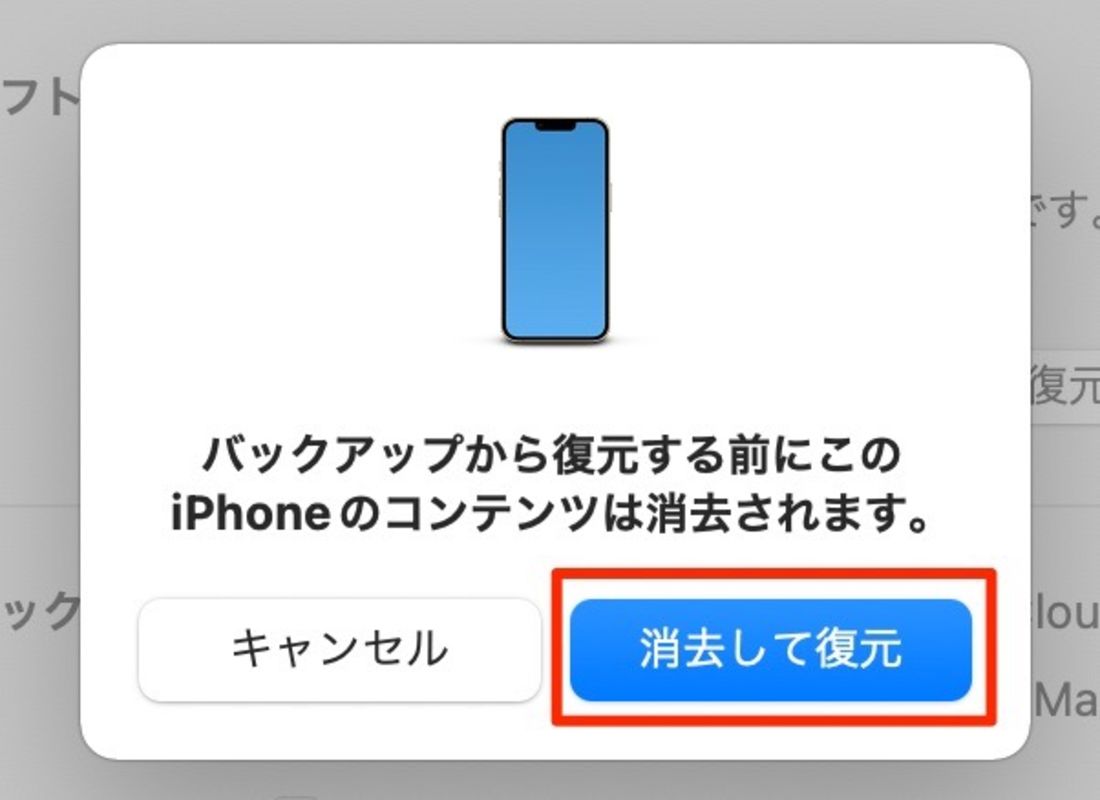 消去して復元をタップ