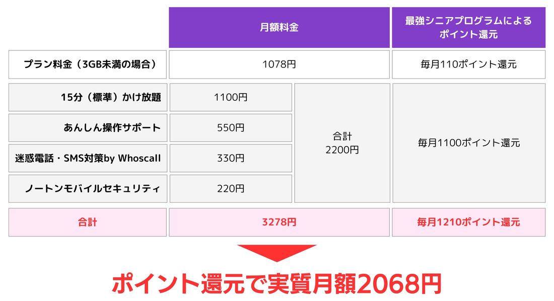 【楽天モバイル】最強シニアプログラム（対象オプション加入で1100ポイント還元）