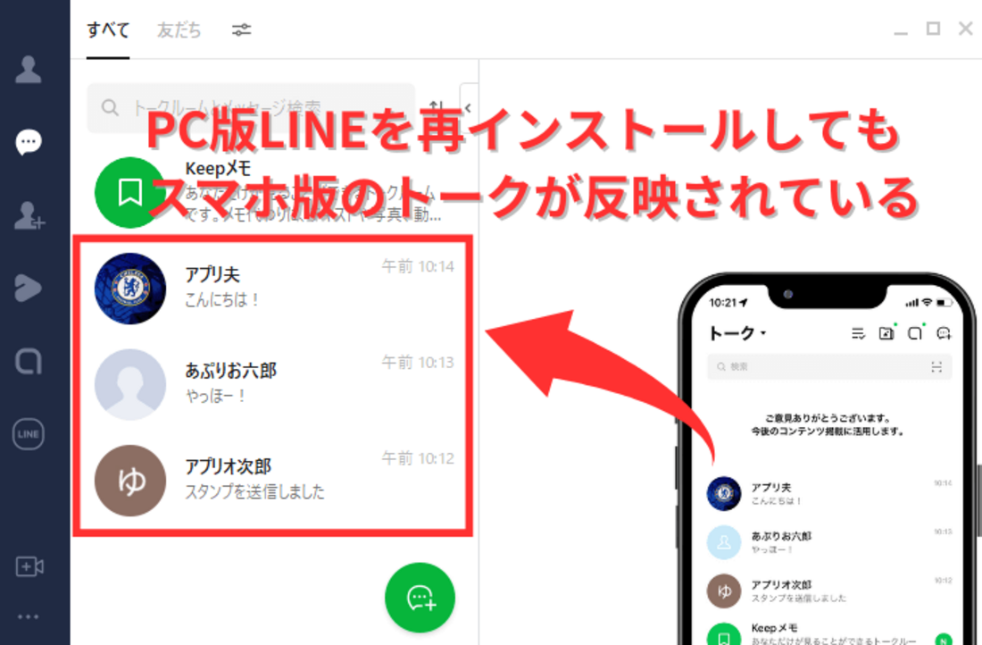 PC版LINEとスマホ版LINEトーク一覧