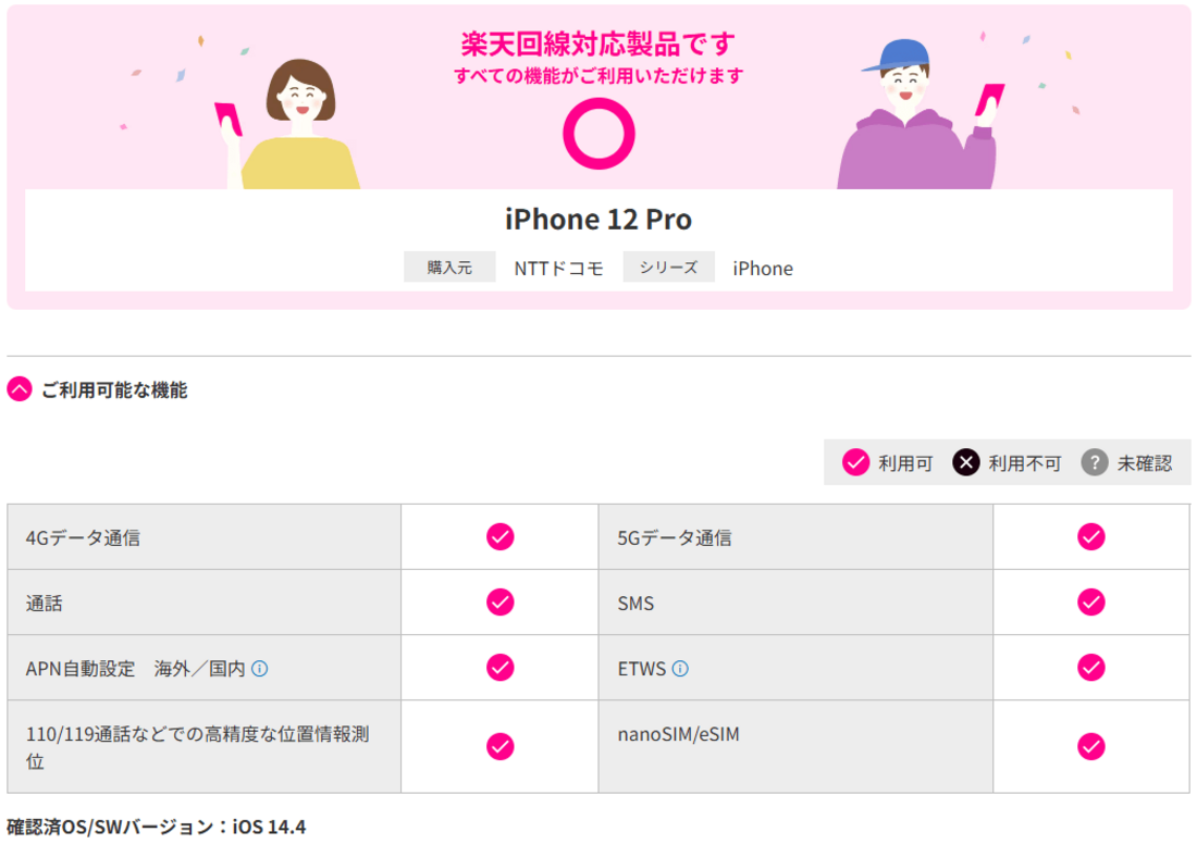 楽天モバイル対応表