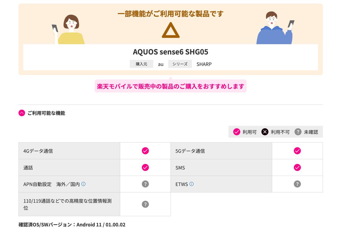 au版「AQUOS sense6 SHG05」の場合、一部の機能は動作未確認だが問題なく利用できる