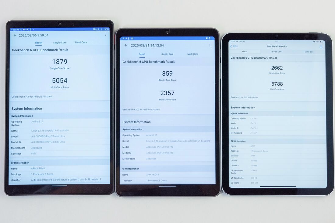 性能はiPad mini(右)が抜き出ている。左のiPlay 70 mini Ultraも上々。iPlay 70 mini Pro(中央)も動画視聴なら充分