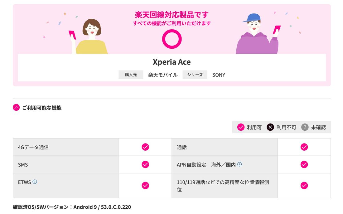 楽天モバイル版のXperia Aceはすべての機能に対応している