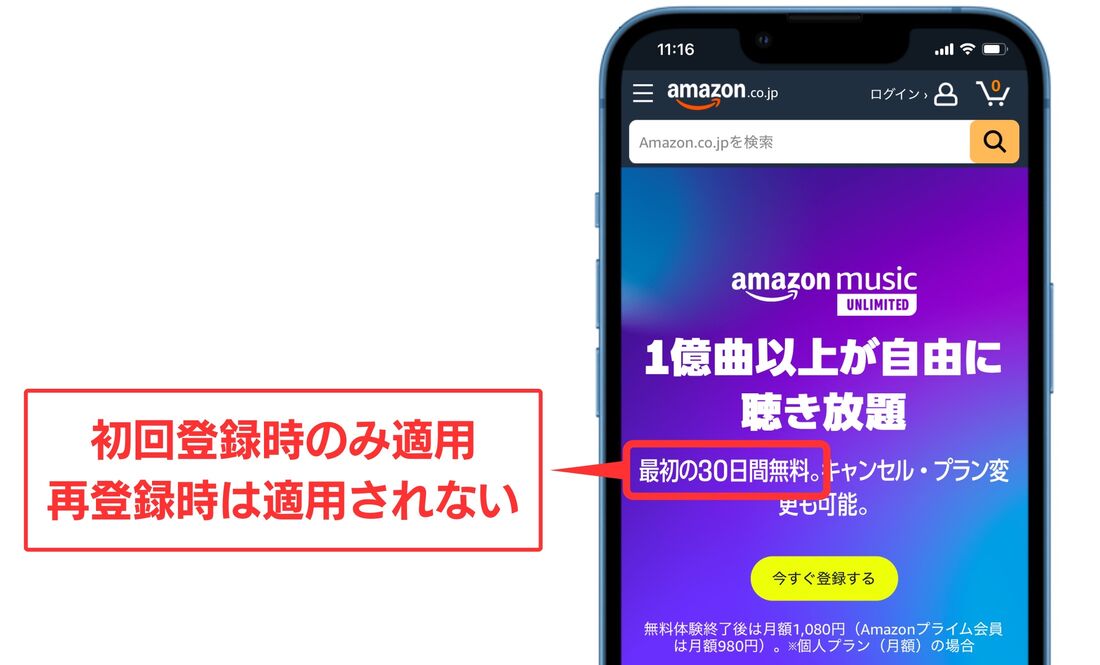 Amazon Music Unlimited 再登録時は無料期間が適用されない