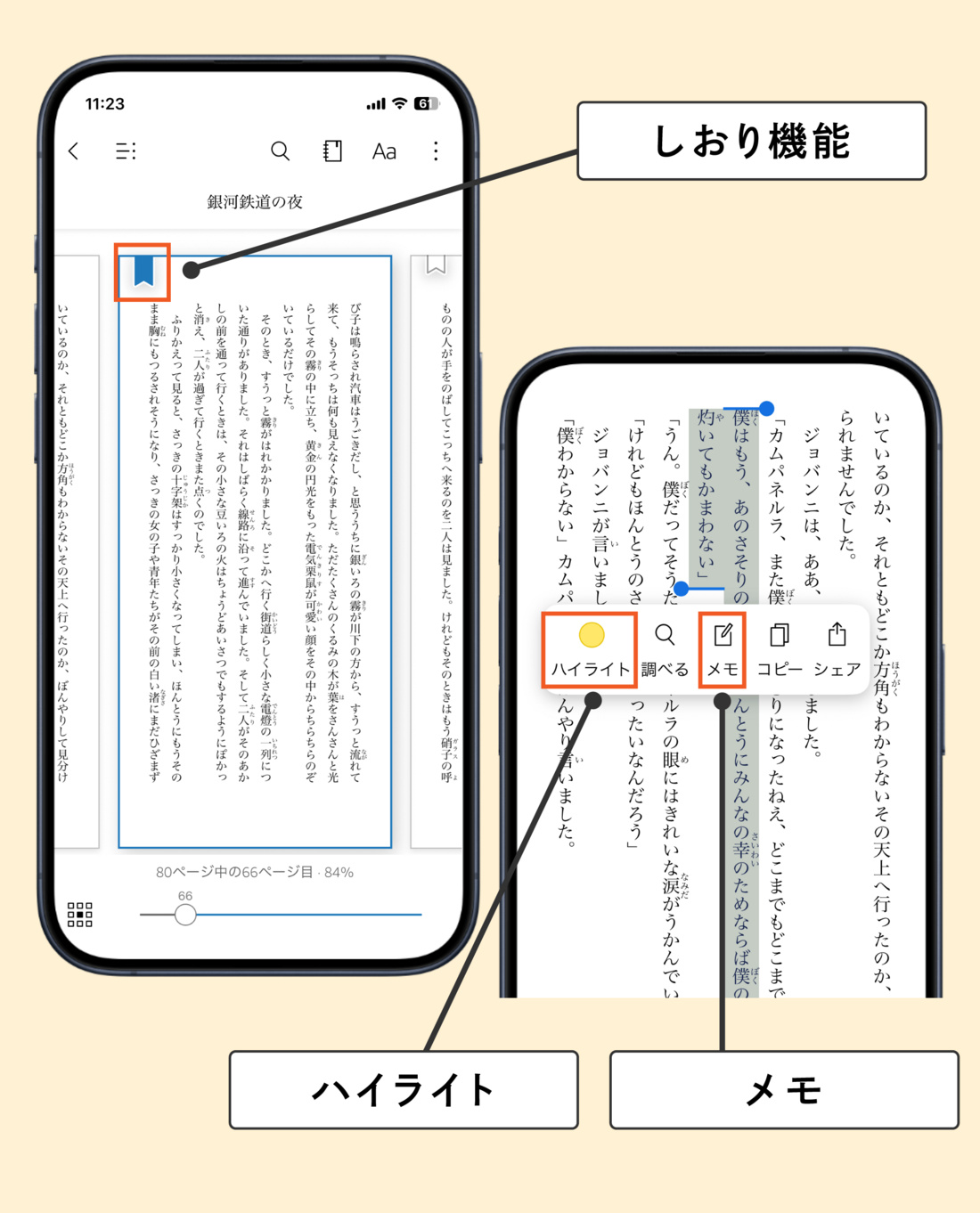 しおり機能やハイライト・メモ機能