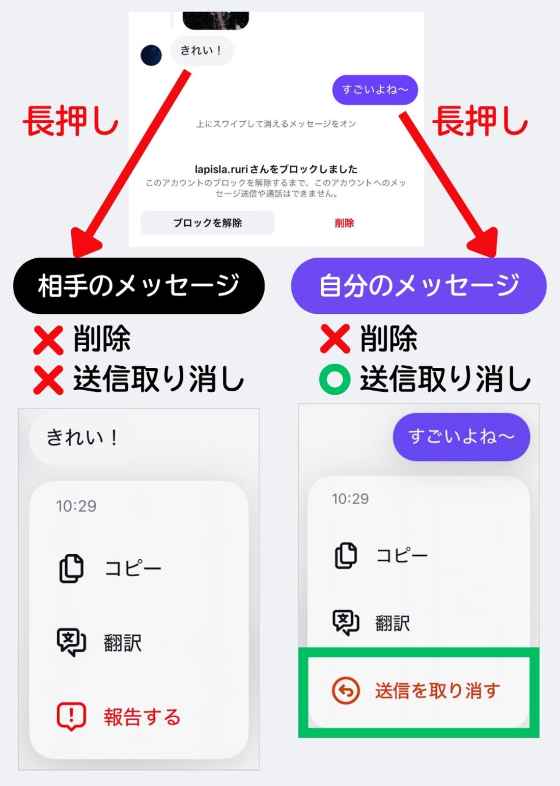相手をブロックしているとメッセージを個別に削除できない