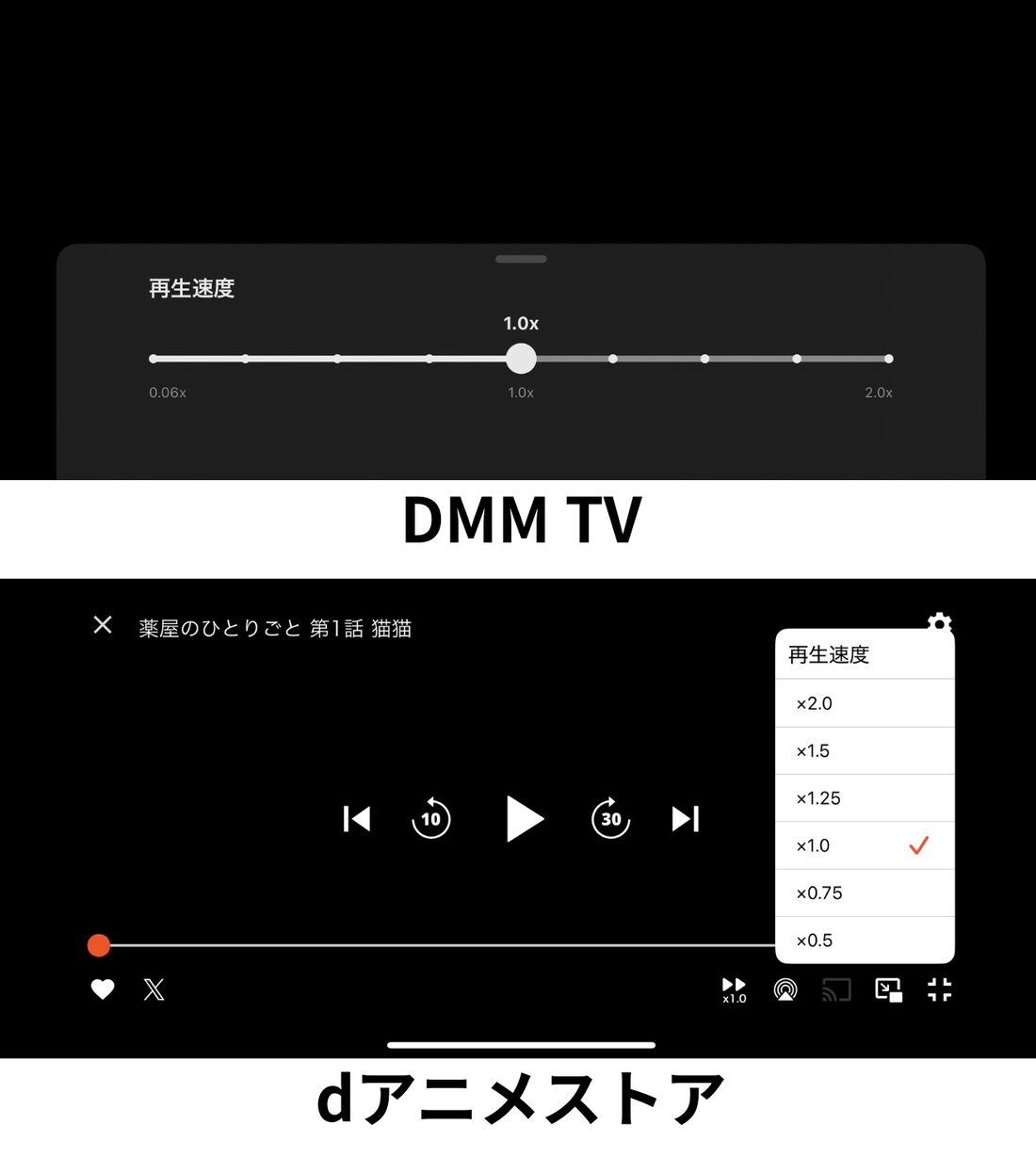 DMM TVは9段階、dアニメストアは6段階の倍速再生