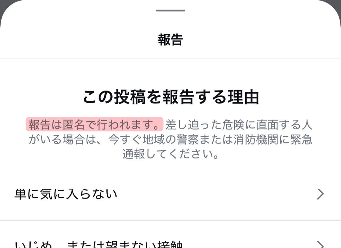 Instagramアプリ:「報告は匿名で行われます。」の記載