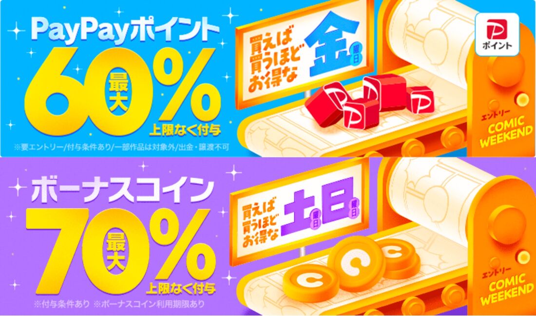 金曜、土曜、日曜はPayPayポイント/Webサイト用ボーナスコインが最大60〜70％還元