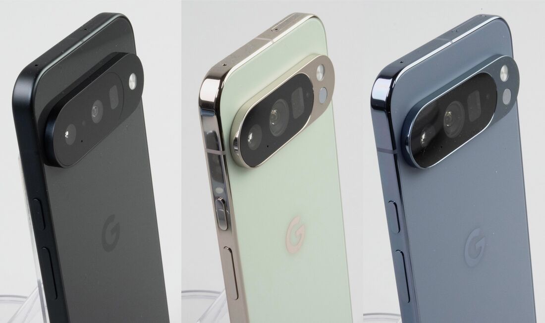 Pixel 10(左)はガラスの背面につや消しのフレーム。Pro(中)Pro XL(右)はメッキ調のフレームにつや消しの背面だ