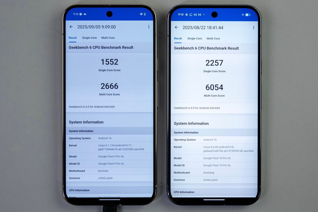 Pixel 10 Pro XL(右)とPixel 9 Pro XLでベンチマークを比較。CPU性能は大きく向上している