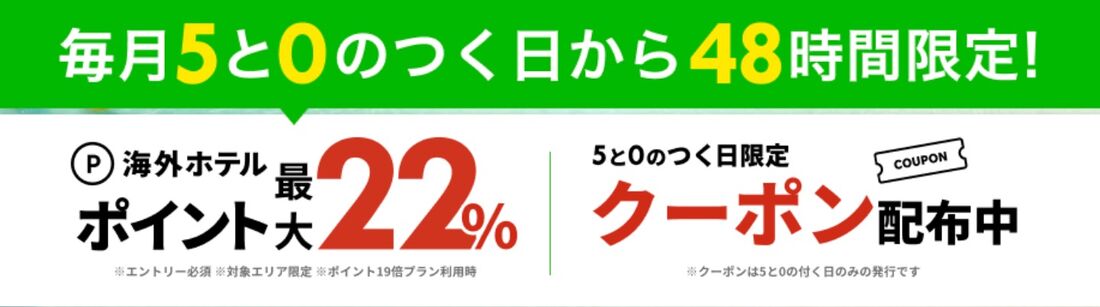 海外旅行:エントリーでポイント最大22%還元&限定クーポン