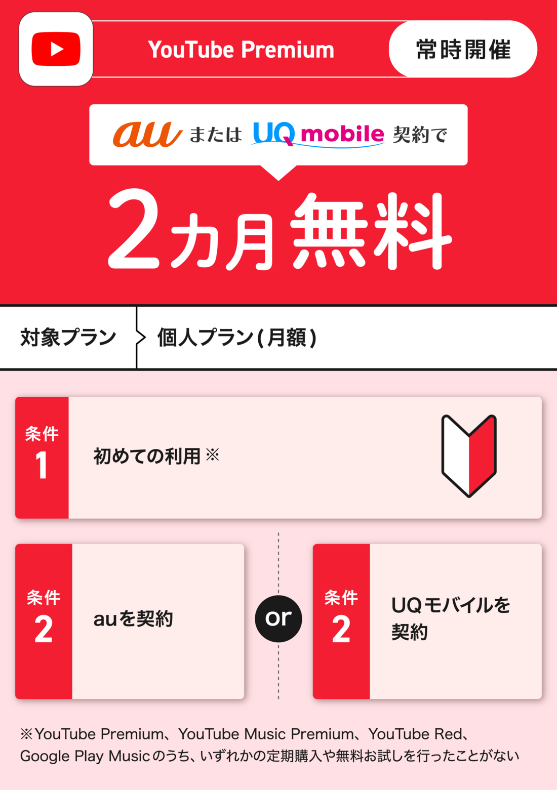 YouTube Premium auまたはUQモバイル契約で2カ月無料