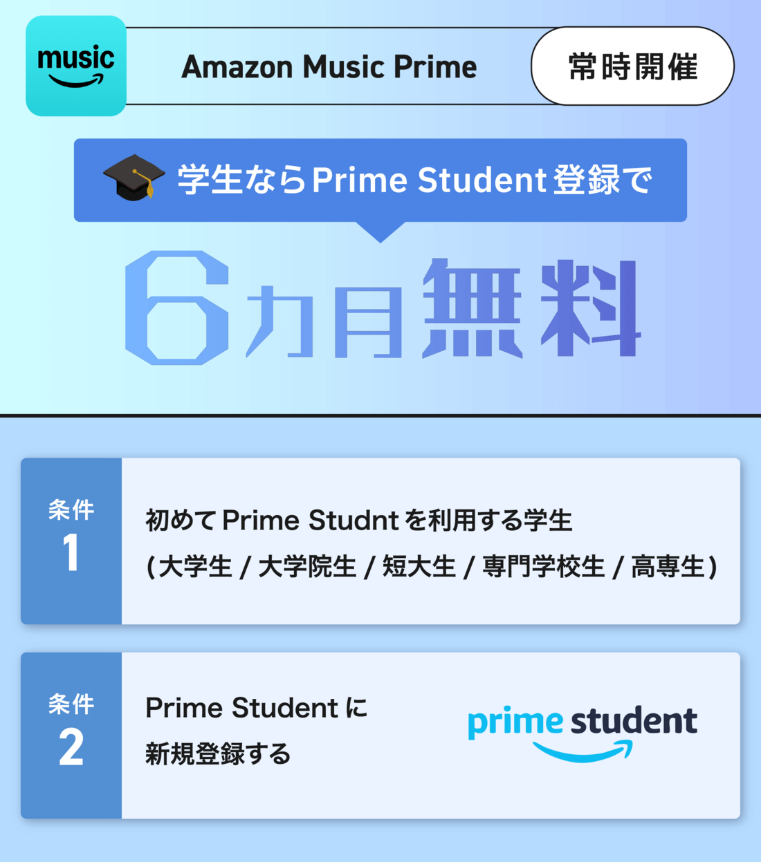 Amazon Music Prime プライムスチューデント 6カ月無料
