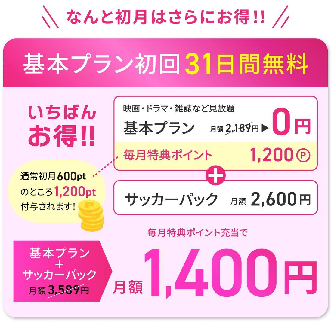 U-NEXT サッカーパック 初月料金