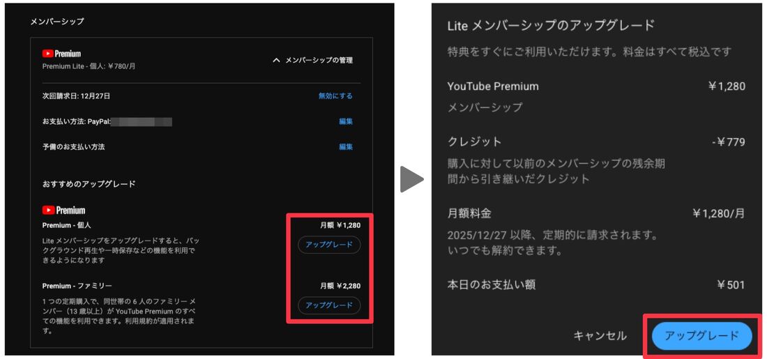 YouTube Premium LiteからYouTube Premiumへのアップグレード